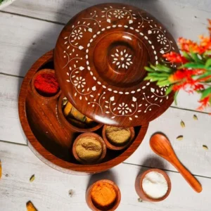Handcrafted Round Wooden Spice Box With Carved Lid Aflex World