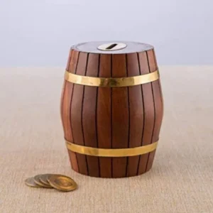 Handcrafted Wooden Barrel Shaped Coin Bank Aflex World
