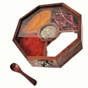 Hexagon Wooden Spice Box With Serving Spoon Aflex World