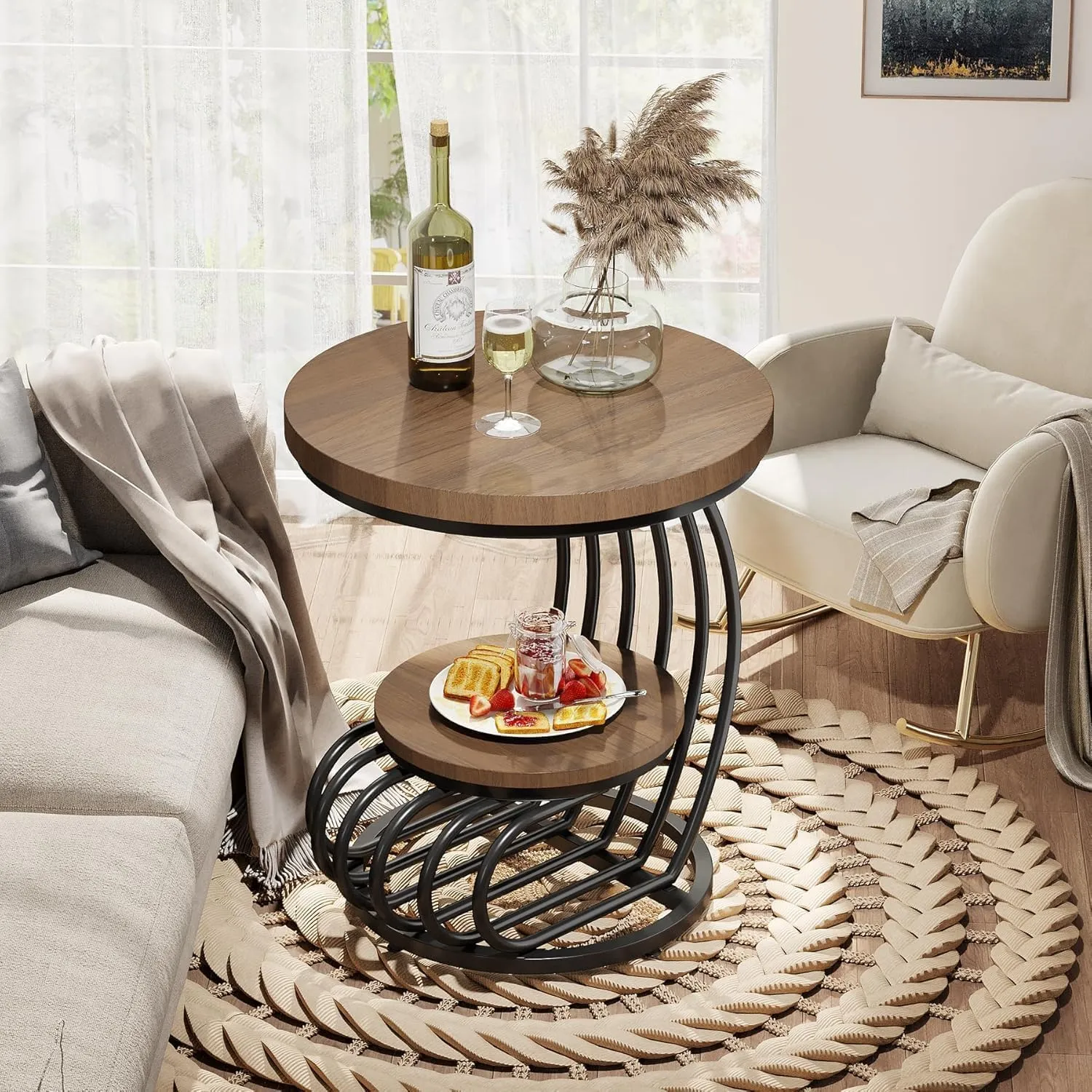 Round Wooden Center Table With Lower Shelf Aflex World