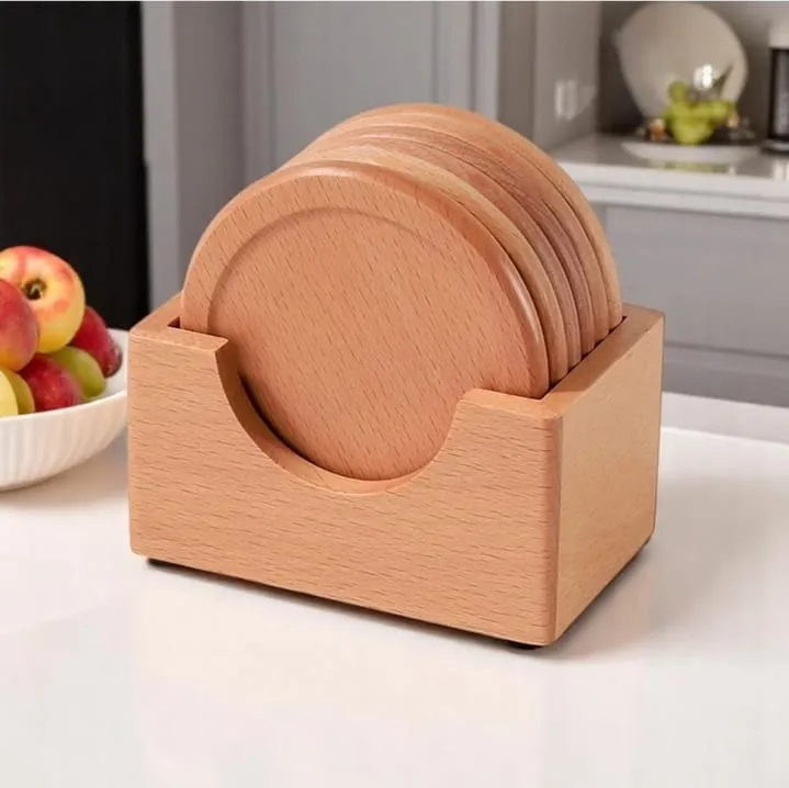 Round Wooden Coaster Set With Holder Stand Aflex World