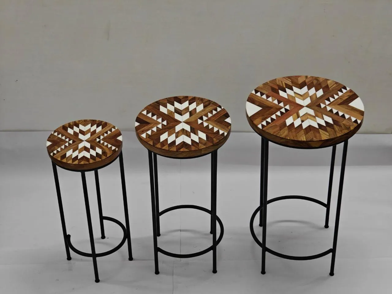 Round Wooden Nesting Side Table Set With Metal Stand 1F Aflex World