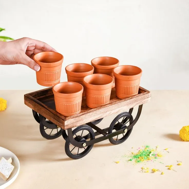 Rustic Wooden Serving Cart Tray With Metal Wheels Aflex World 1
