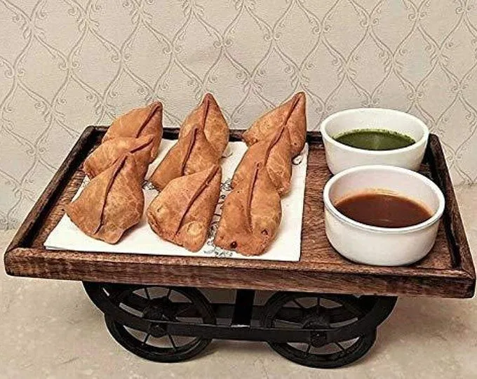 Rustic Wooden Serving Cart Tray With Metal Wheels Aflex World 1 - Image 2