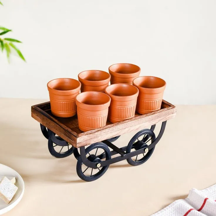 Rustic Wooden Serving Cart Tray With Metal Wheels Aflex World 1 - Image 3