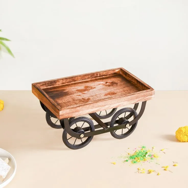 Rustic Wooden Serving Cart Tray With Metal Wheels Aflex World 1 - Image 4