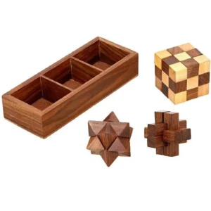 Wooden Brain Teaser Puzzle Set With Storage Tray Aflex World